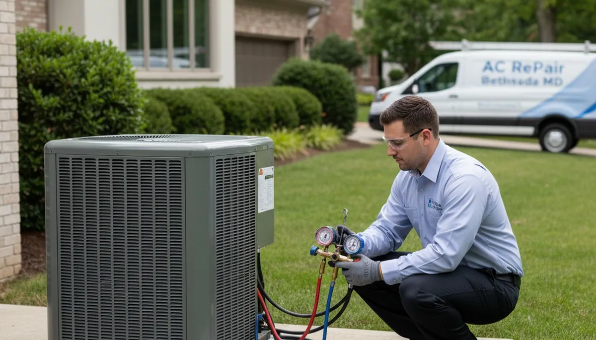 Professional AC repair technician servicing air conditioner in Silver Spring MD home