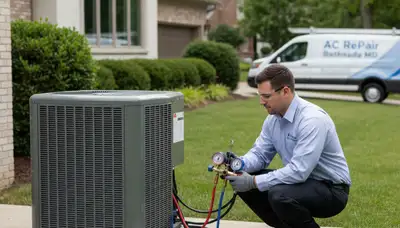 Professional AC repair technician servicing air conditioner in Silver Spring MD home