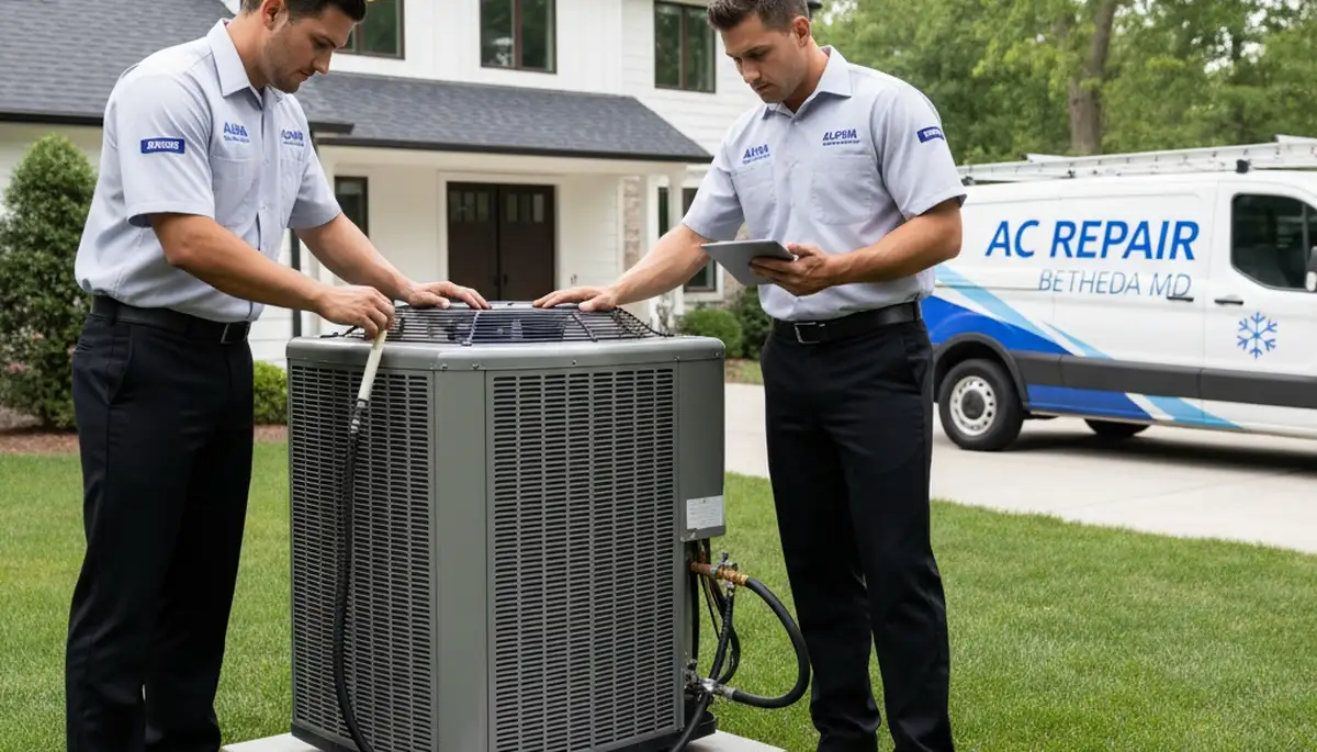 HVAC technician performing AC repair service in Silver Spring MD home