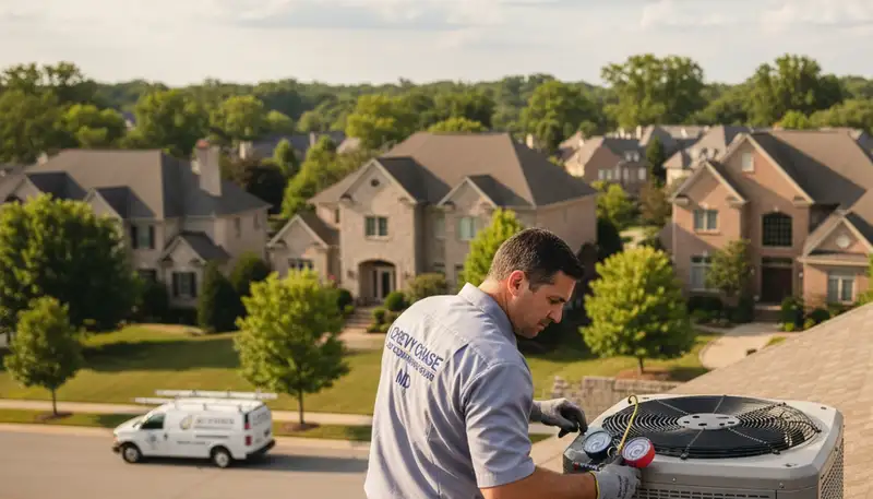 Professional AC repair technician servicing air conditioner in Silver Spring, MD