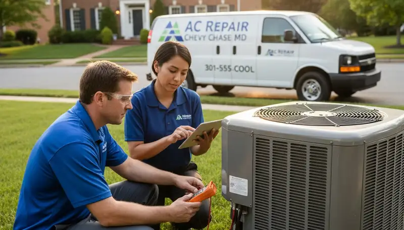 Professional AC repair technician servicing air conditioner unit in Silver Spring MD home