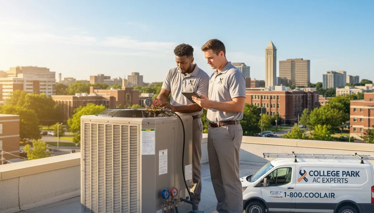 Professional AC repair technician servicing air conditioner in Silver Spring, MD