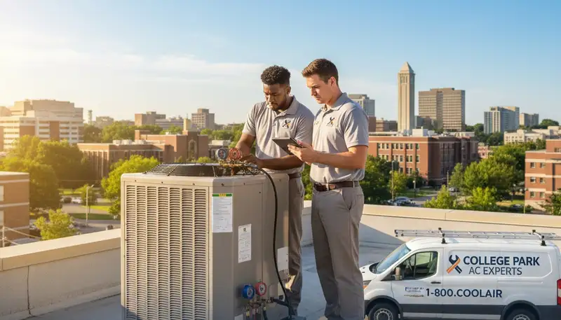 Professional AC repair technician servicing air conditioner in Silver Spring, MD