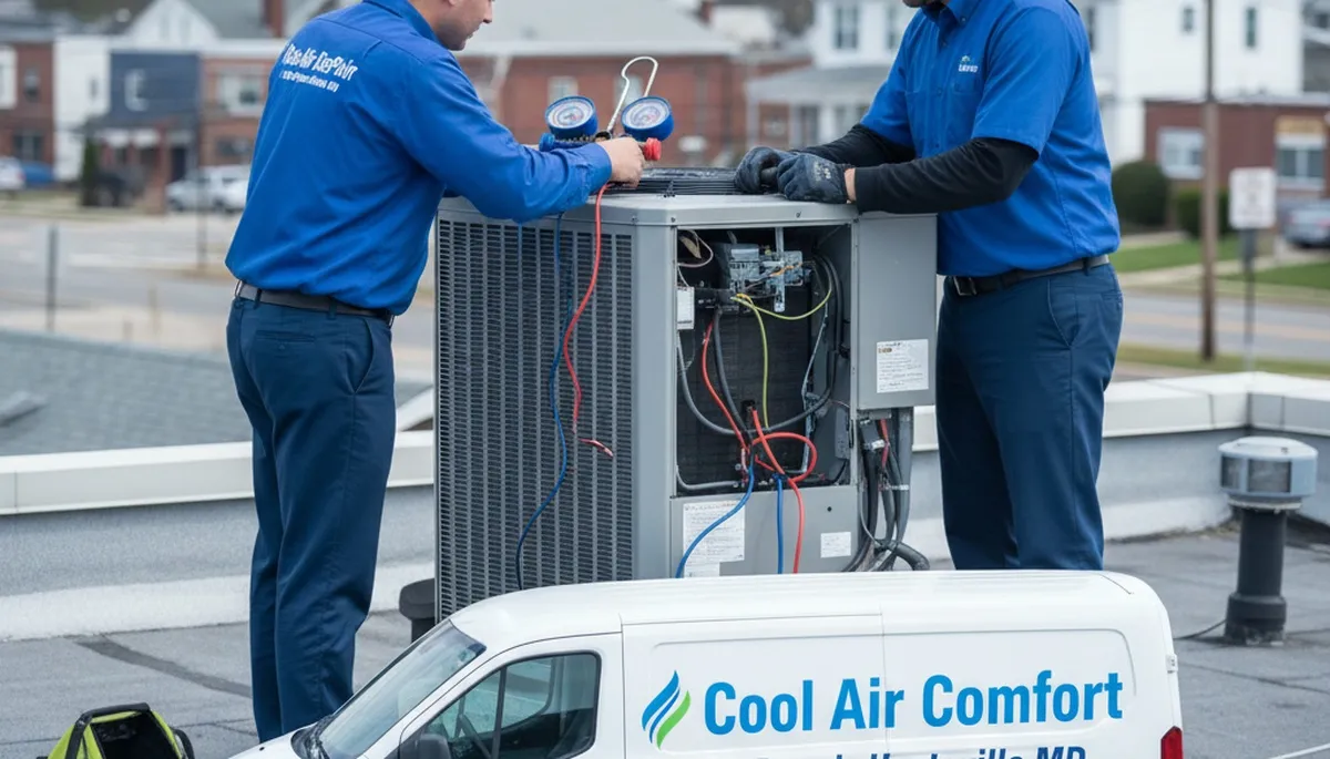 Professional AC repair technician servicing cooling unit in Silver Spring MD home