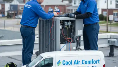 Professional AC repair technician servicing cooling unit in Silver Spring MD home