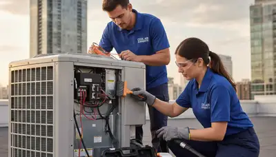 Technician performing professional AC repair in Silver Spring, MD for residential cooling system