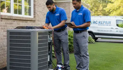 Local AC repair technician servicing air conditioner unit in Silver Spring MD