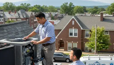 Professional AC repair service technician working in Silver Spring, MD home