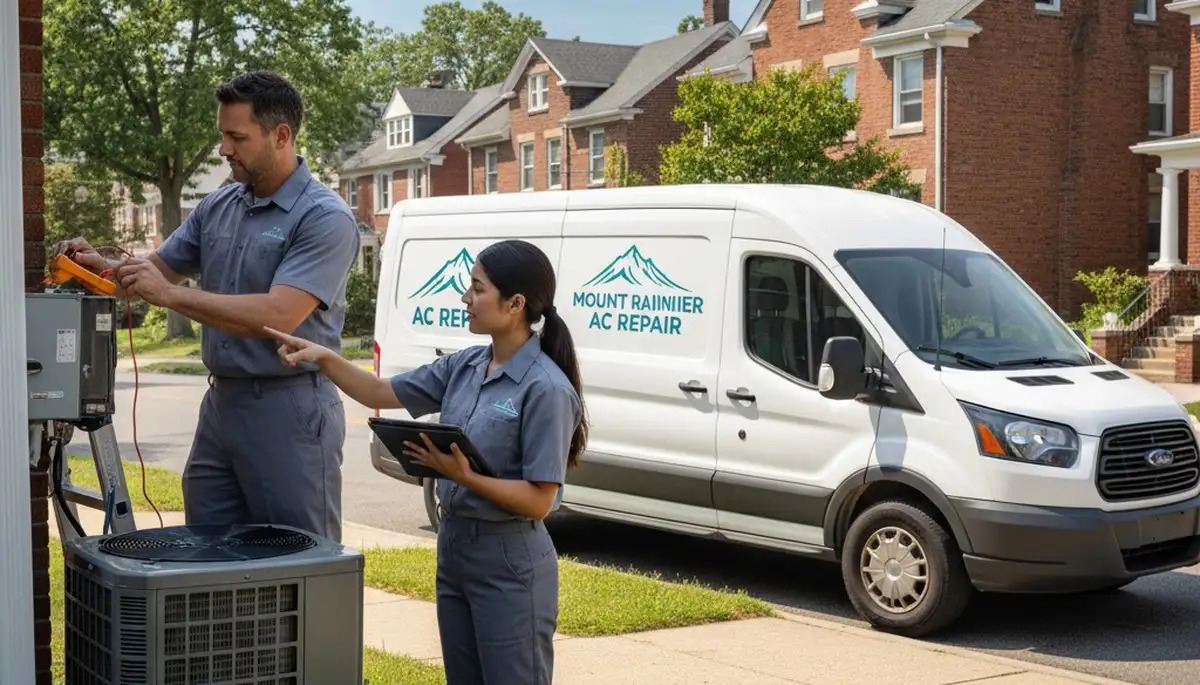 Professional AC repair technician servicing air conditioner in Silver Spring, MD home