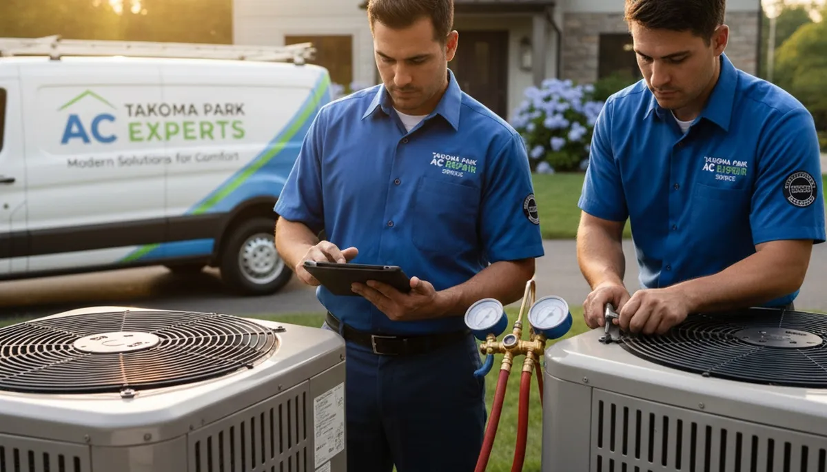 HVAC technician performing AC repair service in Silver Spring MD home