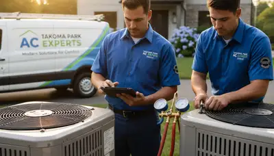 HVAC technician performing AC repair service in Silver Spring MD home