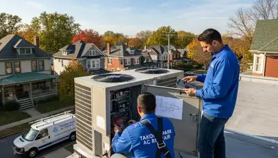 Professional AC repair technician servicing air conditioner in Silver Spring MD home