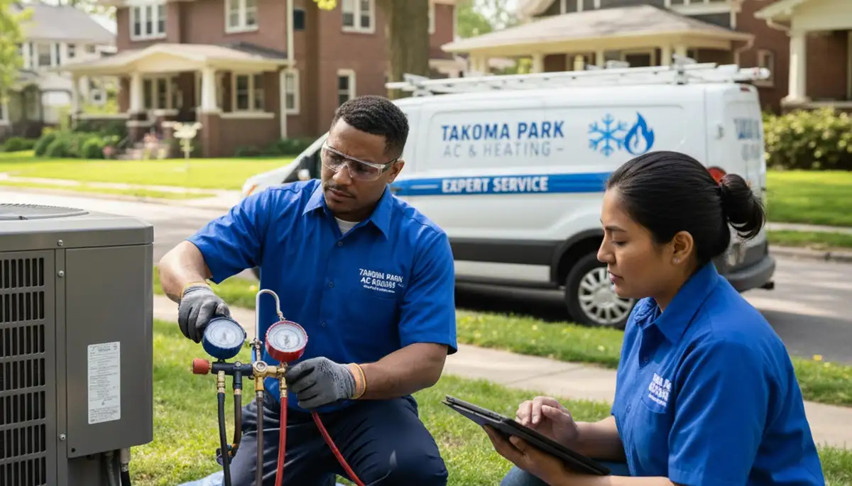 Professional AC repair technician servicing air conditioner in Silver Spring MD home