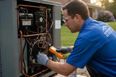 Technician performing professional AC repair on outdoor unit at a Silver Spring MD home