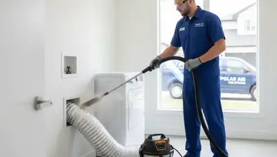 Technician cleaning dryer vent in Silver Spring MD home for Five Star Cooling maintenance service