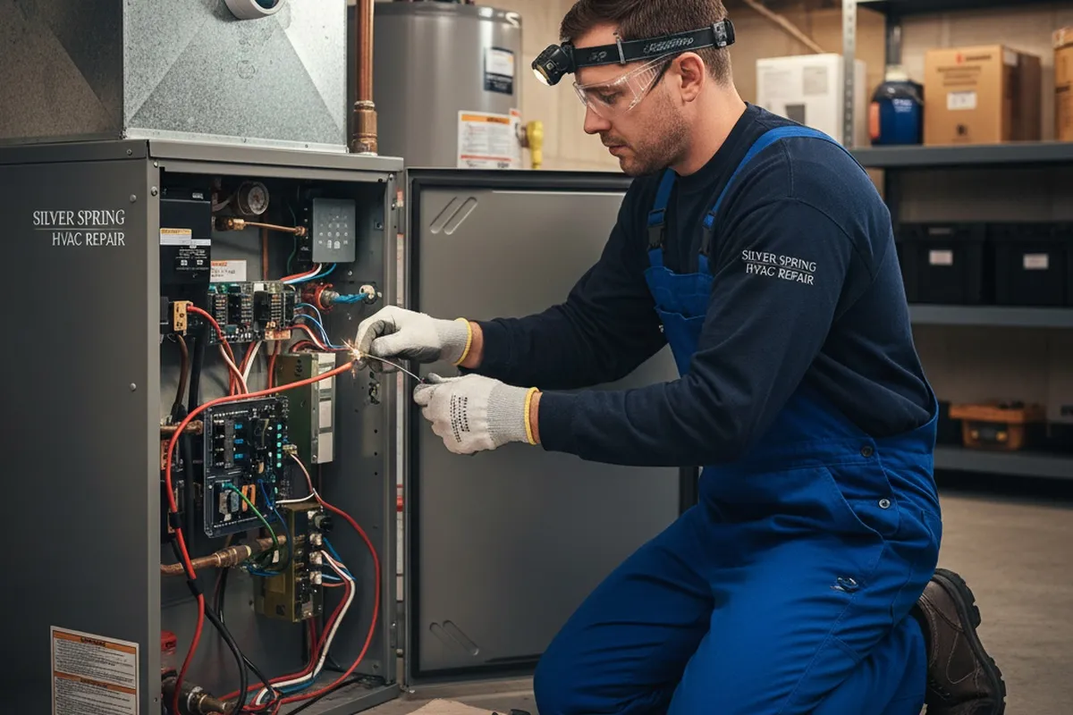 Technician performing expert heating repair on residential system in Silver Spring, MD