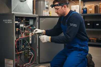 Technician performing expert heating repair on residential system in Silver Spring, MD