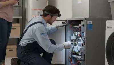 Technician performing furnace repair in Silver Spring MD home | Five Star Cooling heating service
