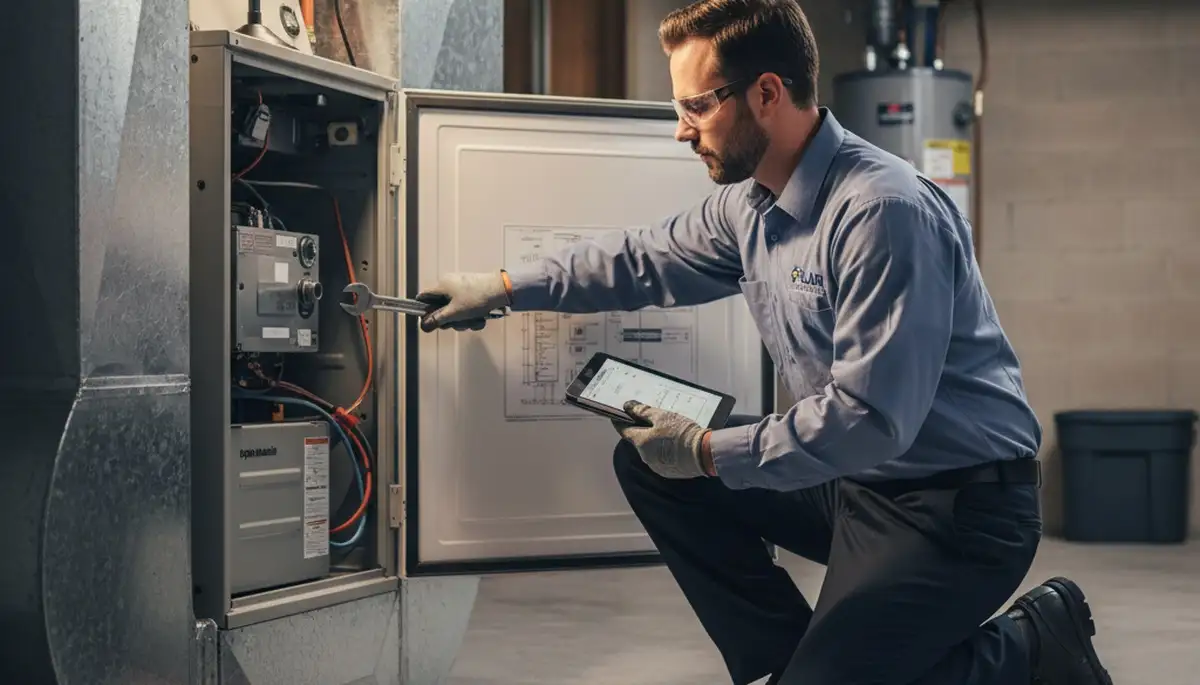 Technician performing furnace repair in Silver Spring, MD home for Five Star Cooling