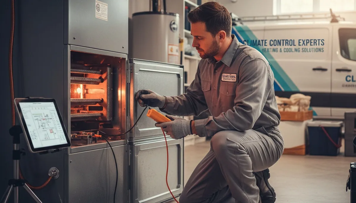 Technician performing heating repair on furnace in Silver Spring, MD home