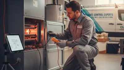 Technician performing heating repair on furnace in Silver Spring, MD home