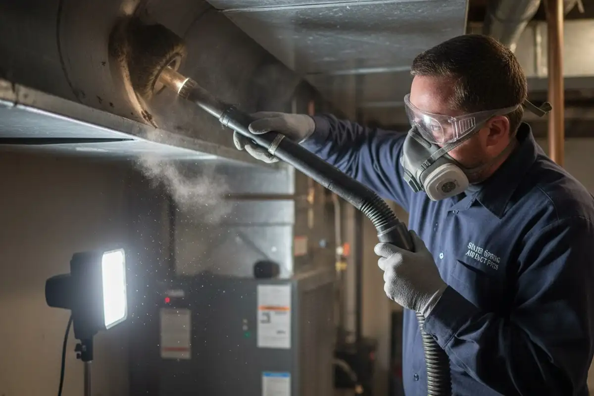 Technician performing detailed air duct cleaning with precision tools in Silver Spring, MD home