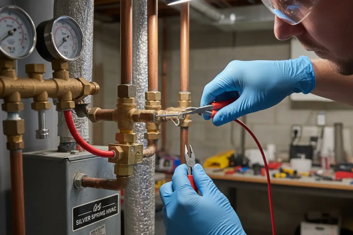 Technician performing precise heating system repair in Silver Spring, MD for reliable furnace service