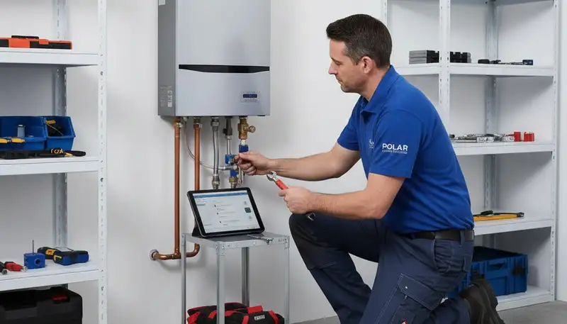 Technician repairing residential water heater in Silver Spring MD home for Five Star Cooling service