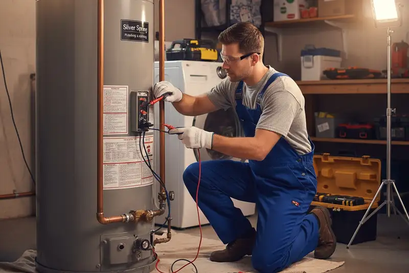 Technician performing water heater repair at Silver Spring MD home for Five Star Cooling service